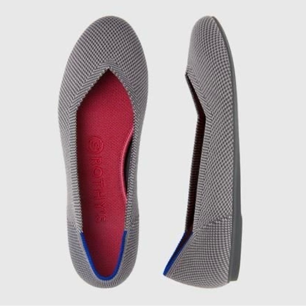 Rothy's Gray Knit Flats with Pink Insole and Blue Trim